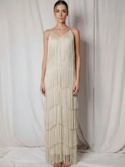 Robe de soirée maxi dorée à col V sans manches épaules dénudées robe d'été sexy et semi-formelle