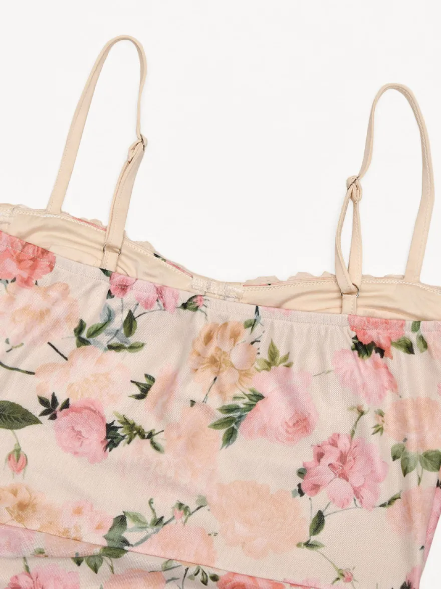 Robe de soirée maxi rose à bretelles col sans manches imprimée sexy semi-formelle