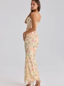 Robe de soirée maxi rose à bretelles col sans manches imprimée sexy semi-formelle