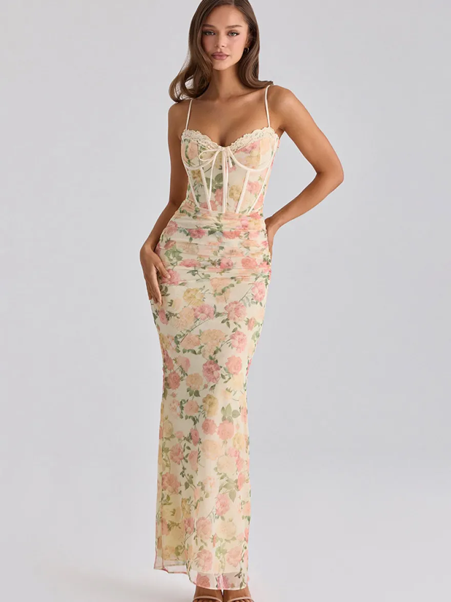 Robe de soirée maxi rose à bretelles col sans manches imprimée sexy semi-formelle