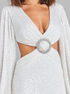 Robe de soirée mini blanche à sequins col V manches longues croisées bouffantes style décontracté/semi-formel