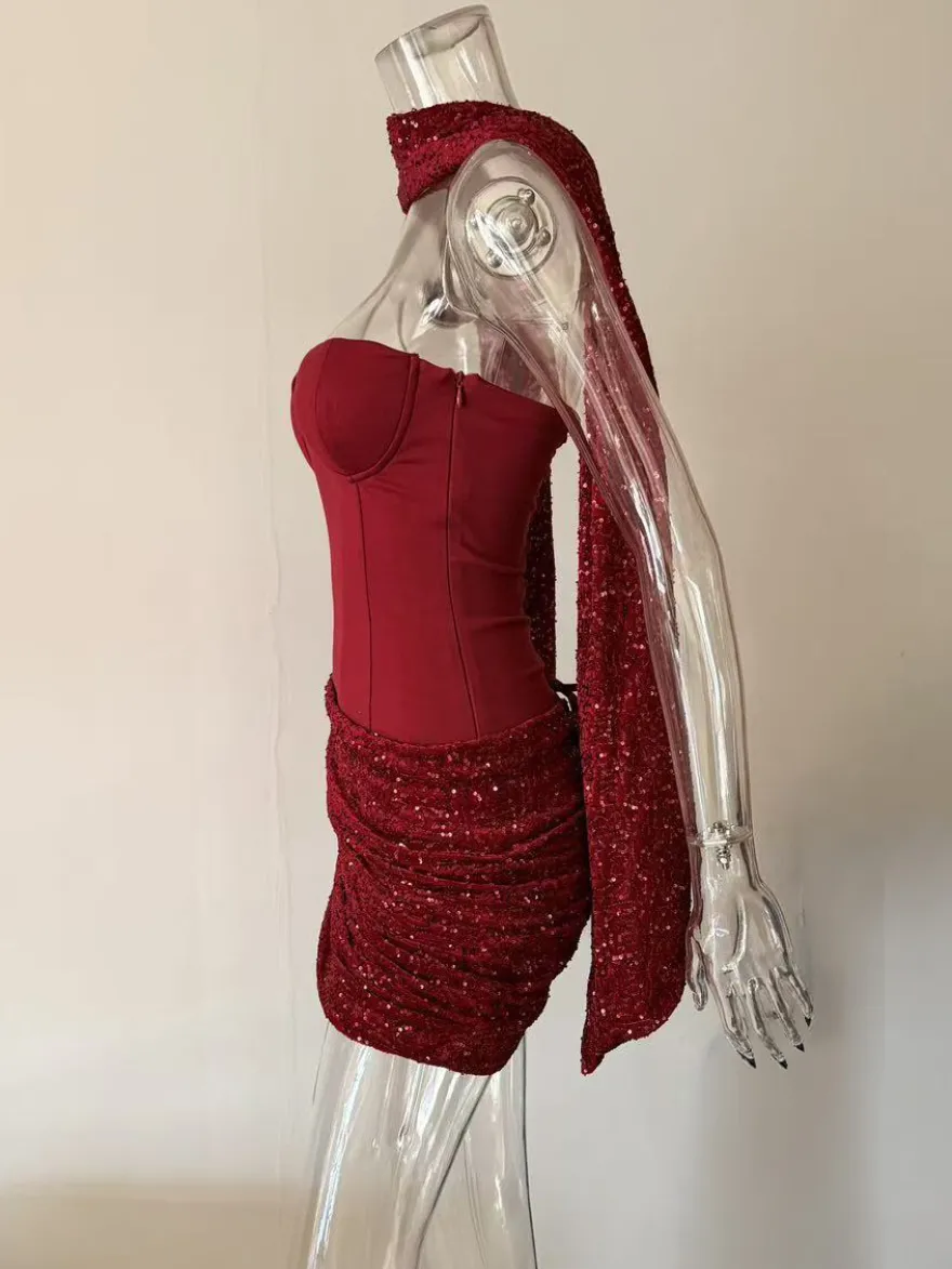 Robe de soirée mini corset à sequins avec foulard pour femme 2026