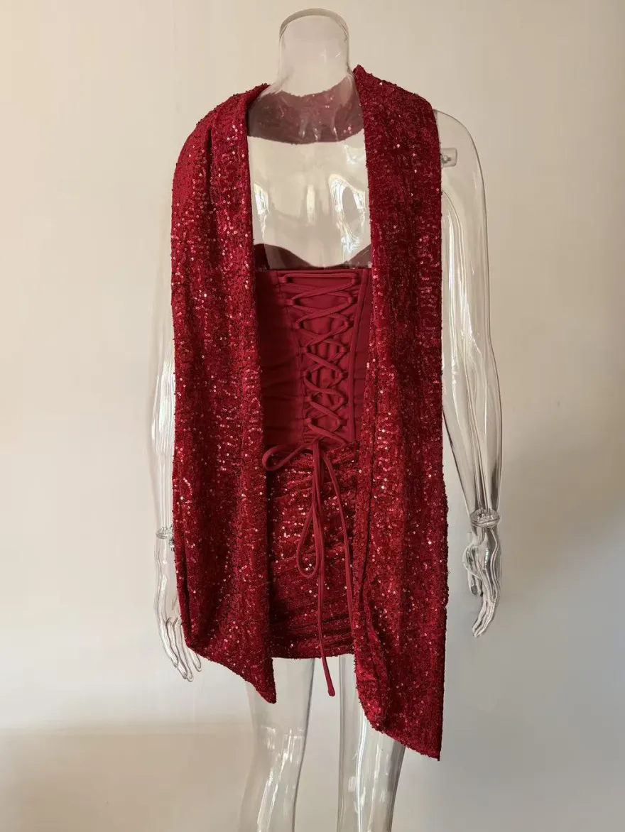 Robe de soirée mini corset à sequins avec foulard pour femme 2026