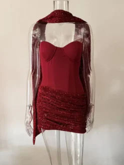 Robe de soirée mini corset à sequins avec foulard pour femme 2026