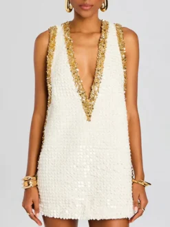 Robe de soirée mini dorée à sequins col en V sans manches sexy et semi-formelle