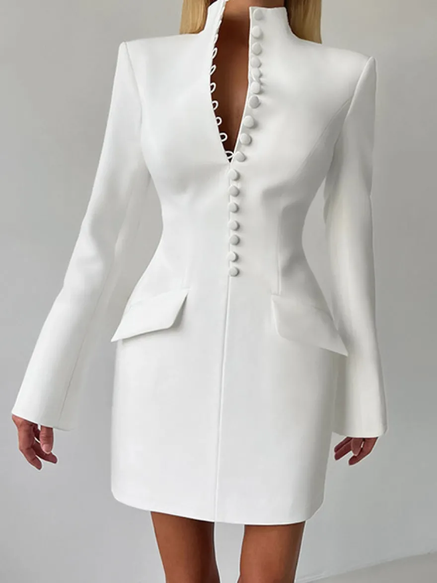 Robe de soirée mini élégante à col V poches boutonnées et coupe ajustée