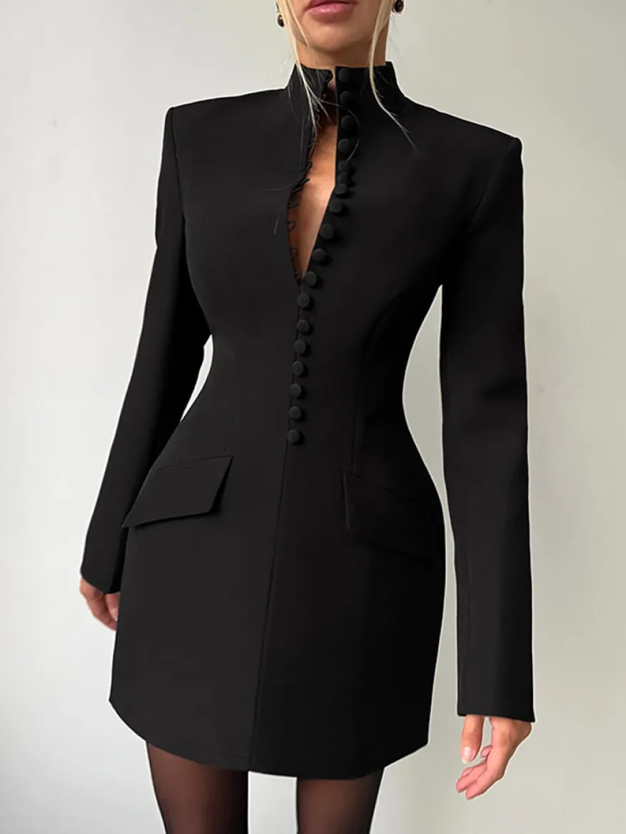 Robe de soirée mini élégante à col V poches boutonnées et coupe ajustée