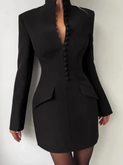 Robe de soirée mini élégante à col V poches boutonnées et coupe ajustée
