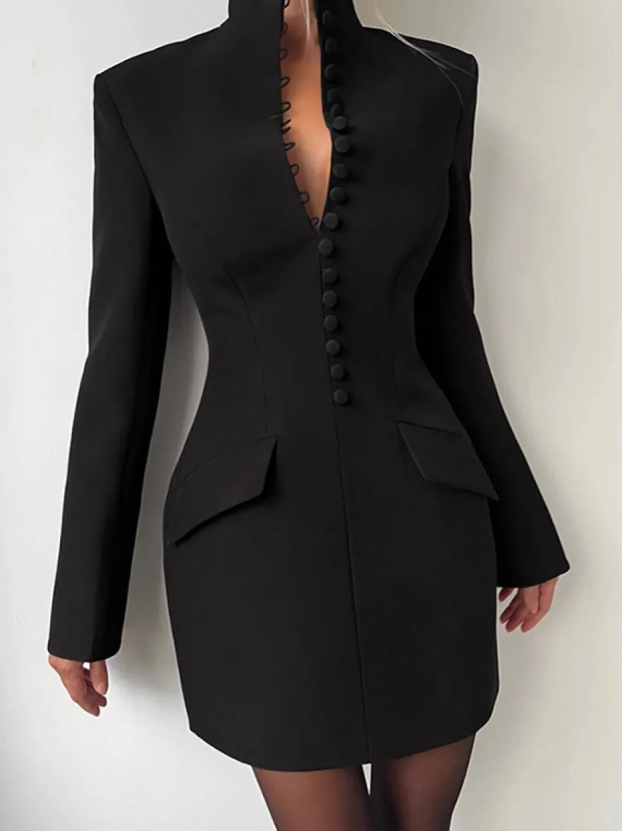 Robe de soirée mini élégante à col V poches boutonnées et coupe ajustée