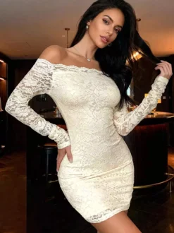Robe de soirée mini moulante à manches longues et épaules dénudées en dentelle florale pour femme 2026