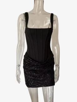 Robe de soirée mini moulante sans manches à sequins et corset pour femme 2026