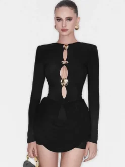Robe de soirée mini noire à col bijou et manches longues découpées robe sexy semi-formelle