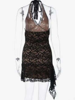 Robe de soirée noire en dentelle dos nu décolleté en V profond mini-robe moulante à volants tenue idéale pour les fêtes en boîte de nuit