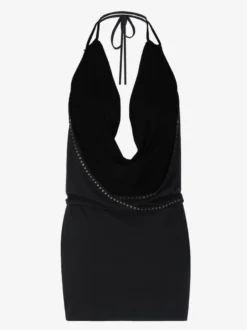 Robe de soirée noire moulante mini à dos nu et ornée de rivets tenue de boîte de nuit