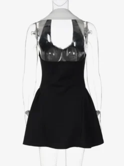 Robe de soirée noire sans manches color block élégante semi-formelle taille haute coupe trapèze mini-robe