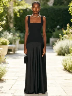 Robe de soirée noire sexy coupe trapèze col carré fermeture éclair