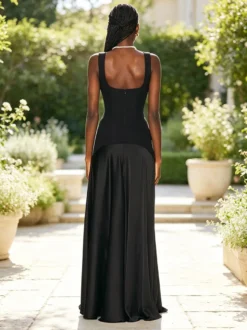 Robe de soirée noire sexy coupe trapèze col carré fermeture éclair