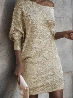 Robe de soirée pour femme col asymétrique sequins sexy manches longues blanche.