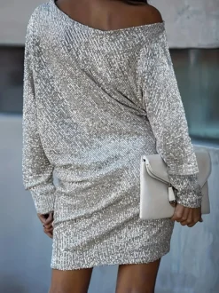 Robe de soirée pour femme col rond élégant manches longues coupe sculptante noire et sexy