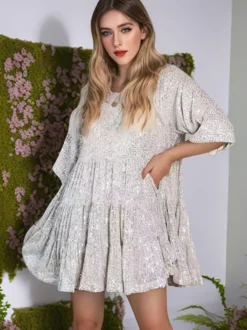 Robe de soirée pour femme rose col bijou sequins manches courtes sexy