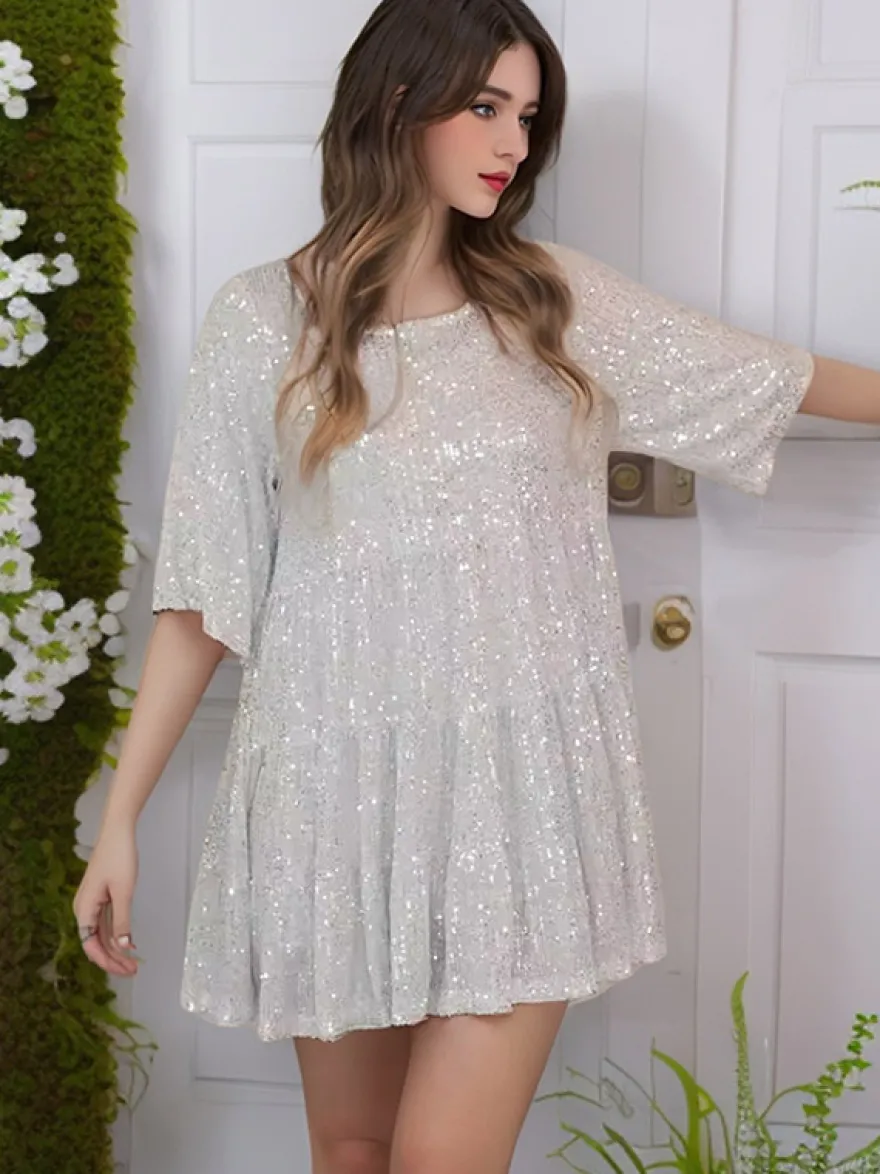 Robe de soirée pour femme rose col bijou sequins manches courtes sexy