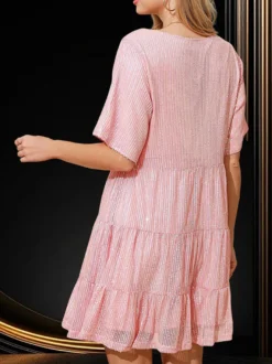 Robe de soirée pour femme rose col bijou sequins manches courtes sexy