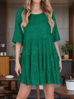 Robe de soirée pour femme rose col bijou sequins manches courtes sexy