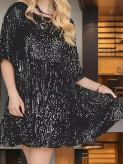 Robe de soirée pour femme rose col bijou sequins manches courtes sexy