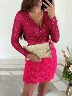 Robe de soirée pour femme rose col en V sequins manches longues polyester robe sexy