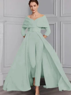 Robe de soirée pour la mère de la mariée décolleté conçu manches 3/4 combinaison ceinture longueur au sol robes d'invitées de mariage