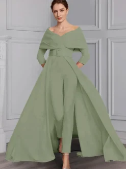 Robe de soirée pour la mère de la mariée décolleté conçu manches 3/4 combinaison ceinture longueur au sol robes d'invitées de mariage