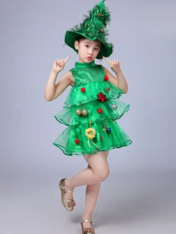 Robe de soirée pour Noël vert Santa Tree Polyester Fiber Hat Dress Costumes de vacances de Noël Ensemble complet