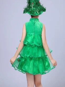 Robe de soirée pour Noël vert Santa Tree Polyester Fiber Hat Dress Costumes de vacances de Noël Ensemble complet