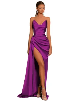 Robe de soirée robe cocktail mariage en satin bustier sans manche jupe fendue