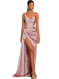 Robe de soirée robe cocktail mariage en satin bustier sans manche jupe fendue