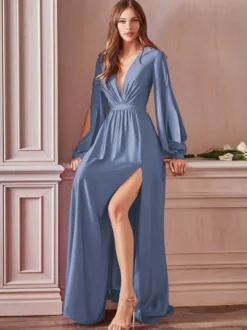 Robe de soirée robe cocktail mariage en satin strech col V manche longue jupe fendue au sol