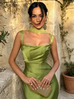 Robe de soirée robe de bal bretelles col en satin robe de cérémonie