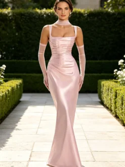 Robe de soirée robe de bal bretelles col en satin robe de cérémonie
