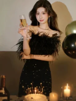 Robe de soirée robe de bal bustier courte sans manches fermeture éclair plumes polyester robes de dîner formelles
