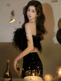 Robe de soirée robe de bal bustier courte sans manches fermeture éclair plumes polyester robes de dîner formelles