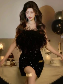 Robe de soirée robe de bal bustier courte sans manches fermeture éclair plumes polyester robes de dîner formelles