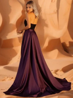 Robe de soirée robe de bal bustier avec traîne sans manches fermeture éclair paillettes tissu satiné robes de dîner formelles