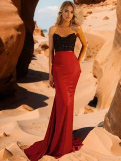Robe de soirée robe de bal bustier avec traîne sans manches fermeture éclair paillettes tissu satiné robes de dîner formelles