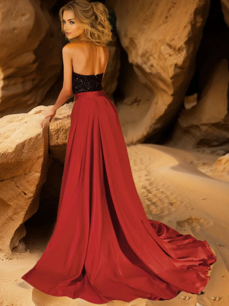 Robe de soirée robe de bal bustier avec traîne sans manches fermeture éclair paillettes tissu satiné robes de dîner formelles