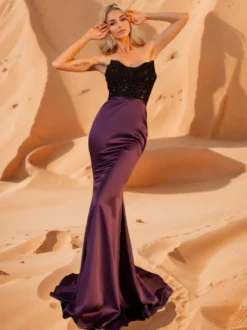 Robe de soirée robe de bal bustier avec traîne sans manches fermeture éclair paillettes tissu satiné robes de dîner formelles