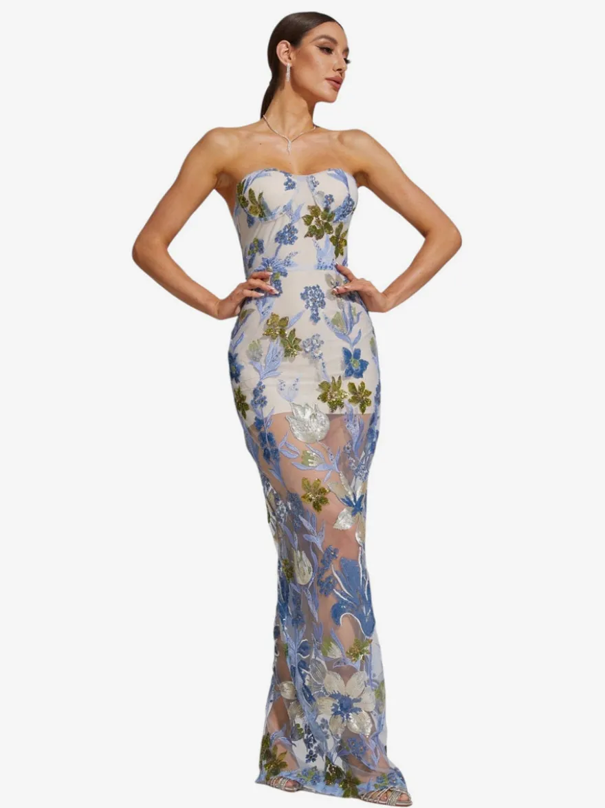 Robe de soirée robe de bal bustier longue sans manches fermeture éclair sequins dentelle robe de fête