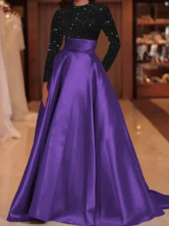 Robe de soirée robe de bal col bijou avec traîne manches longues fermeture éclair paillettes velours robes de concours sociales