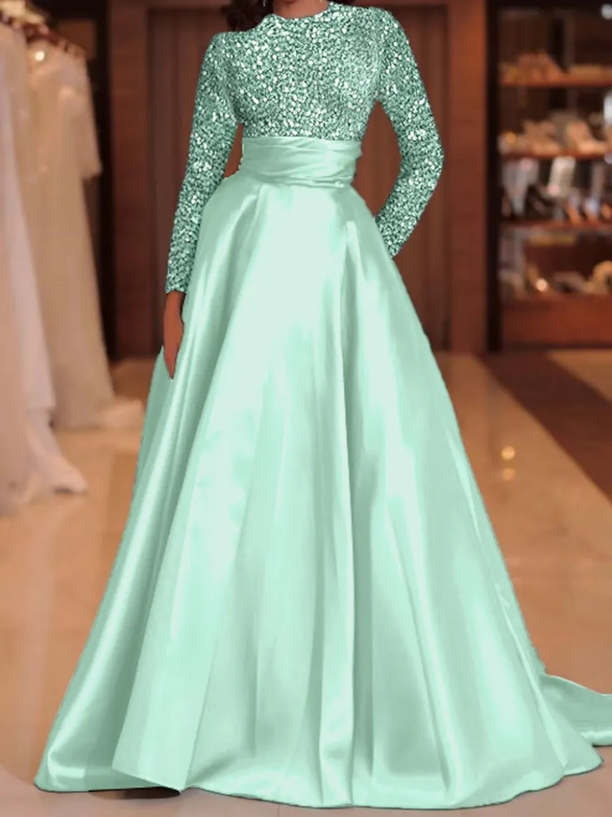 Robe de soirée robe de bal col bijou avec traîne manches longues fermeture éclair paillettes velours robes de concours sociales