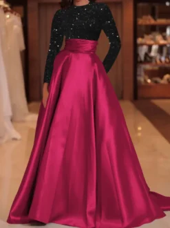 Robe de soirée robe de bal col bijou avec traîne manches longues fermeture éclair paillettes velours robes de concours sociales