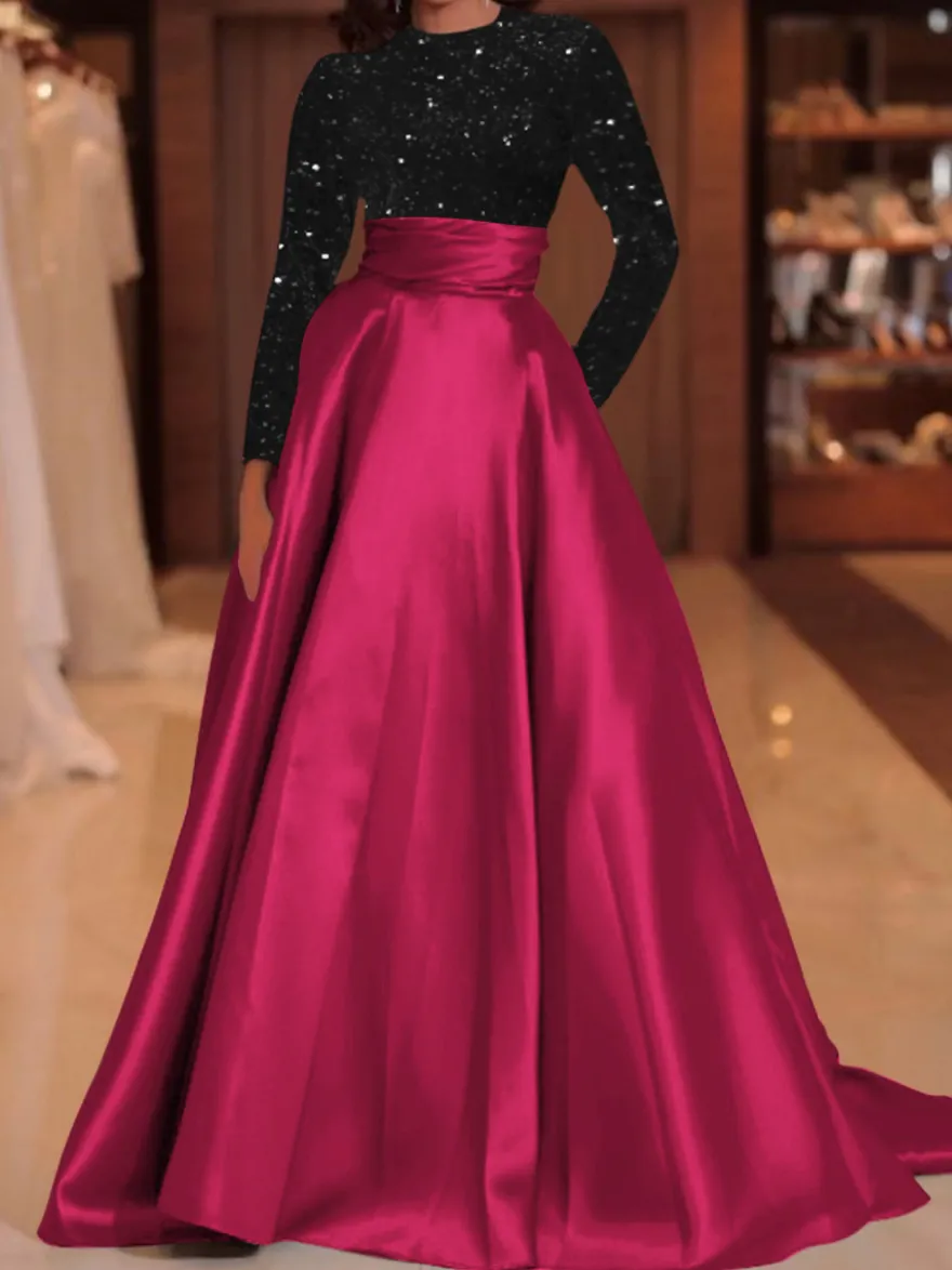Robe de soirée robe de bal col bijou avec traîne manches longues fermeture éclair paillettes velours robes de concours sociales